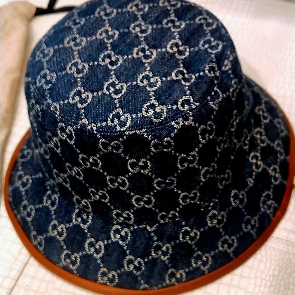 Denim Supreme Monogram Bucket Hat Stiff Navy Blue Canvas Brown Calf Leather Trim - Picture 4 of 13